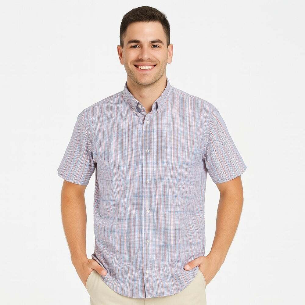 Nick Graham Micro Plaid Shirt Red Blue White Size XL Short Sleeve Button Down